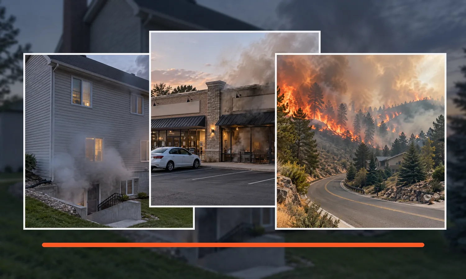 Scenario media montage showing smoke at a house, smoke at a commercial building, and a wildfire scene