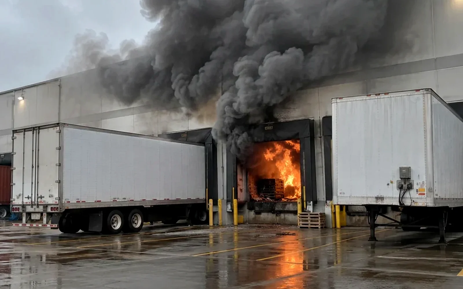 Warehouse loading dock fire with heavy black smoke and visible flames