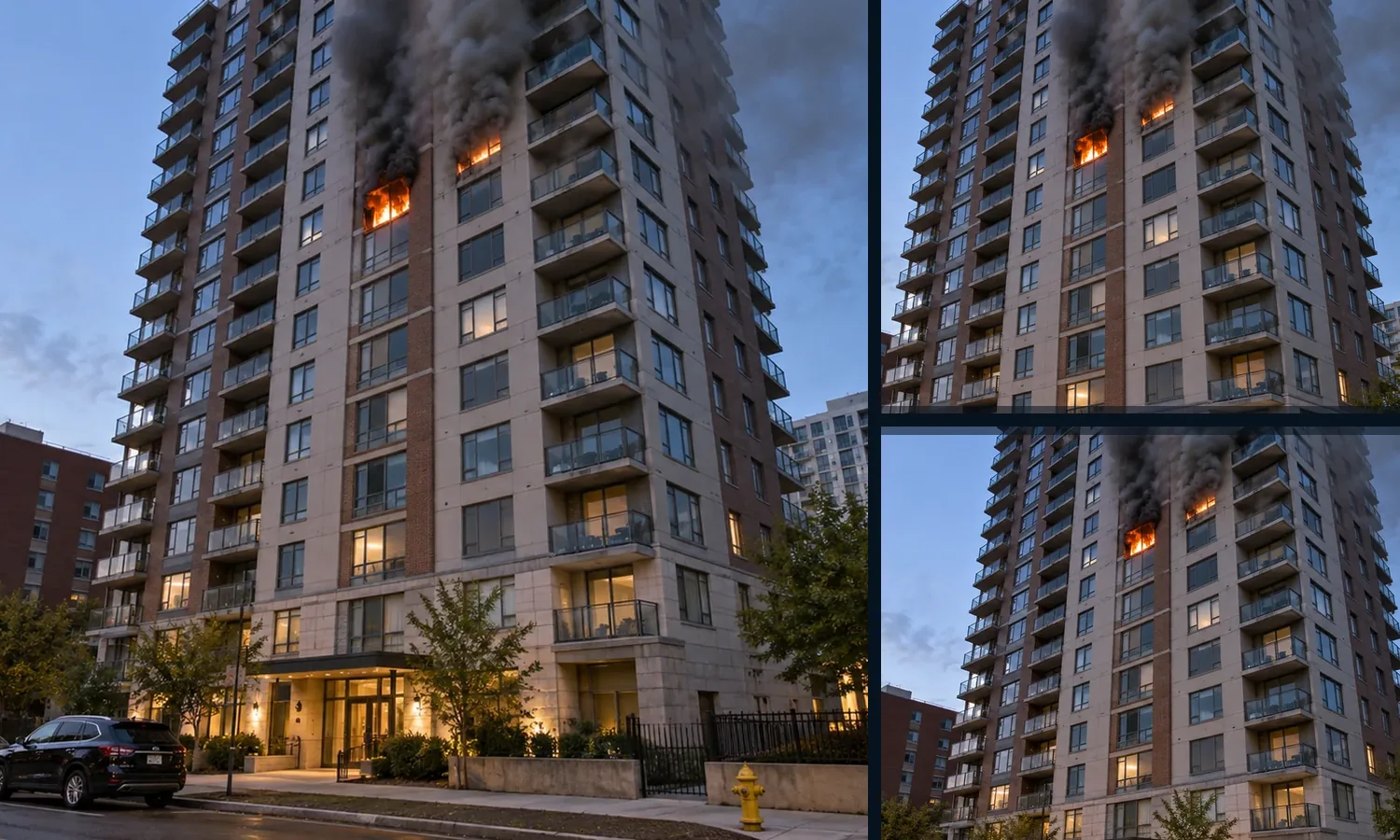 High-rise apartment fire scenario shown from multiple exterior views with smoke and flames