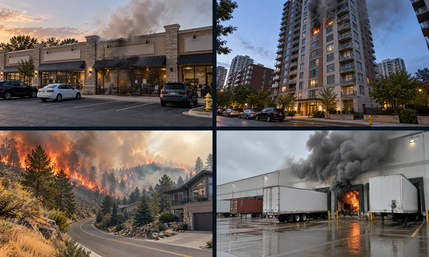 Four emergency training scenes showing a strip mall fire, high-rise fire, wildfire near homes, and warehouse loading dock fire