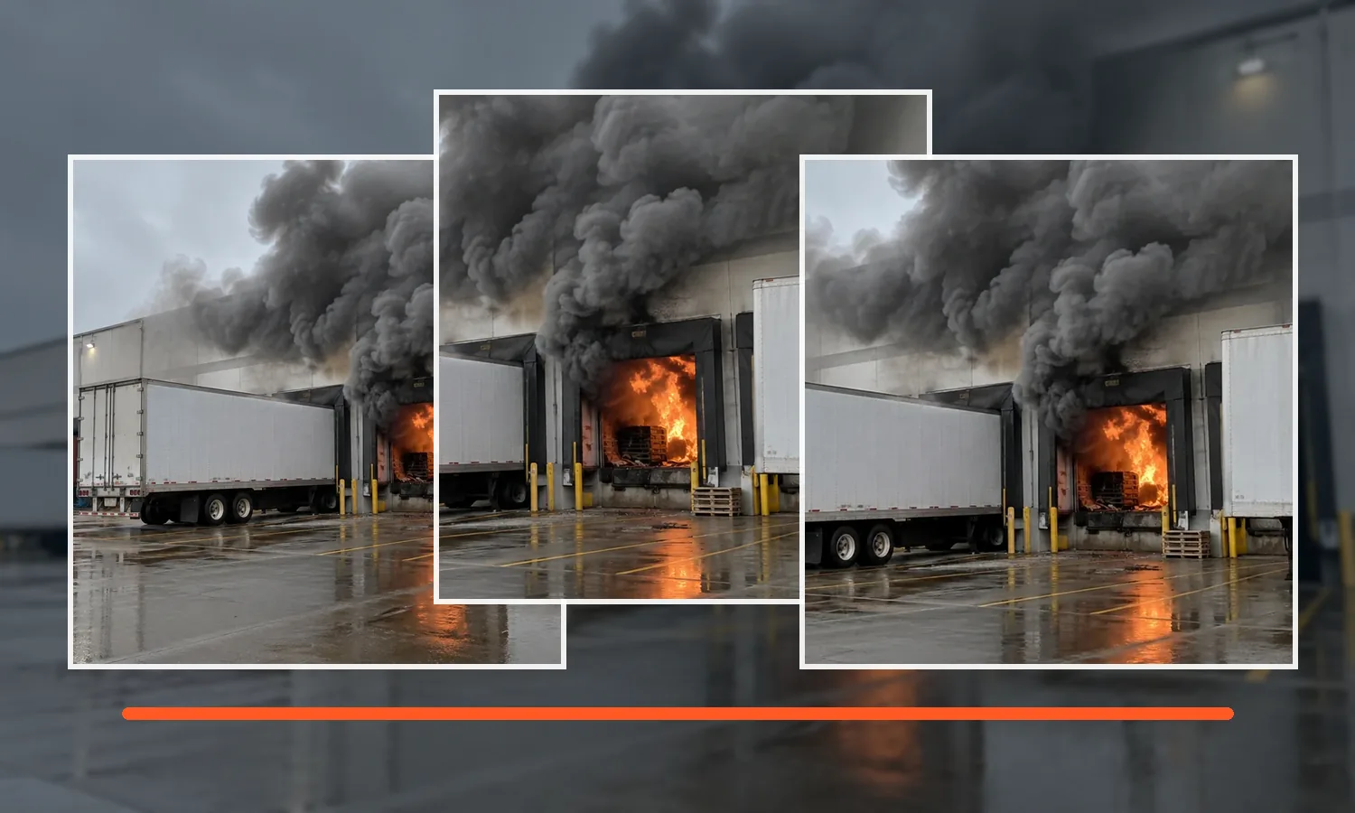 Warehouse loading dock fire with heavy black smoke and visible flames, shown as reusable instructor scenario imagery