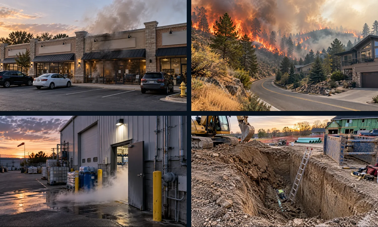 Collage of commercial fire, wildfire, industrial smoke, and trench rescue scenes representing organization training variety